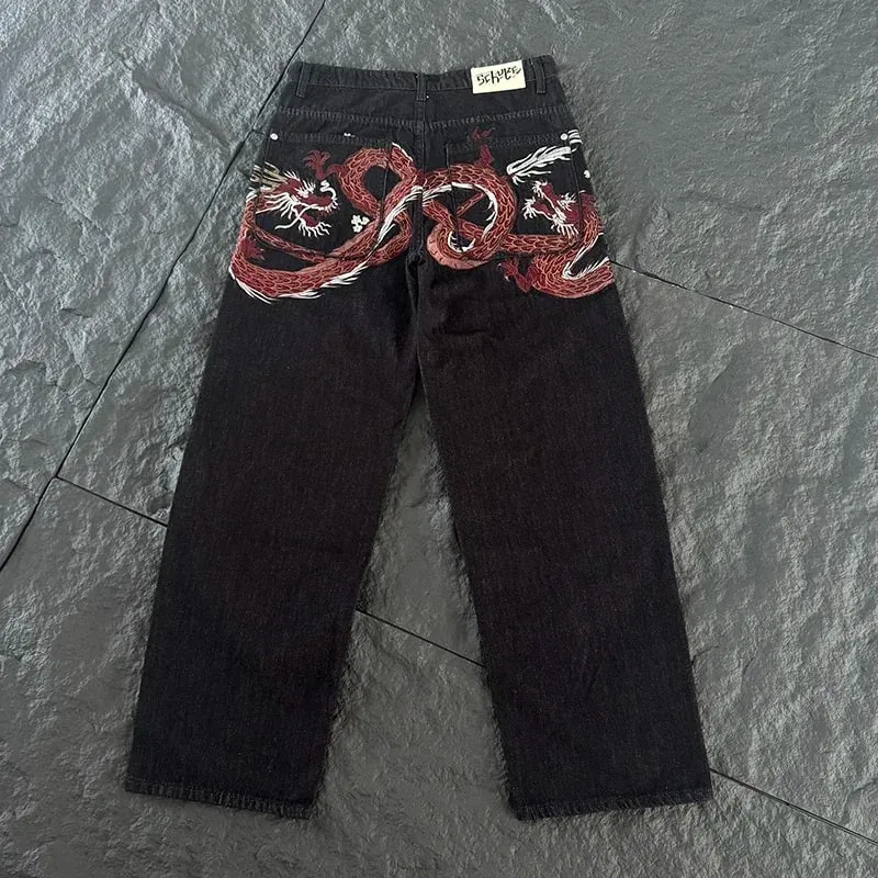 New DERSCHUTZE Unisex Jeans Loose Straight Leg Denim Pants Big Chinese Dragon Embroidery Retro Washed Black Street Trousers