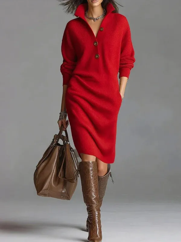New Autumn Casual Button Loose Straight Knitting Mid-Length Sweater Dresses Women's Fashion Lapel Long Sleeve Pocket Party Dress