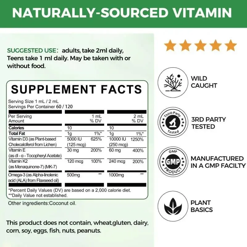 Mulittea Vitamin K2+D3 60ml Drops with Vitamin E & Omega 3 Dietary Supplements Muscle Recovery & Nutrient Absorption