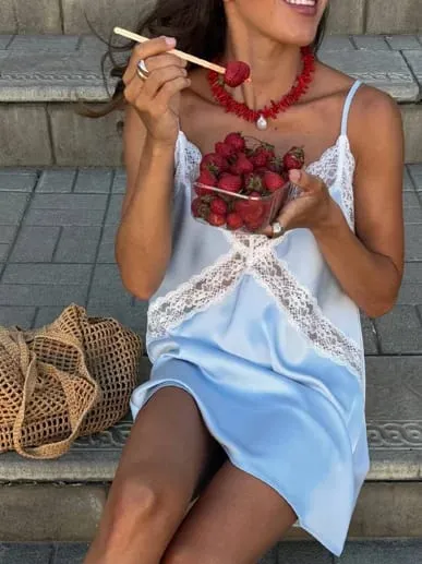 Sexy Satin Lace Patchwork Sling Dress Women Fashion V-neck Sleeveless Hollow Out Mini Dresses 2026 Summer Lady Vacation Robe