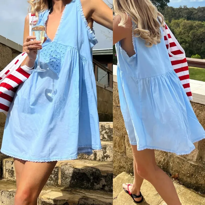 Combhasaki Women Summer Y2K Mini Tank Dress Sleeveless Lace Trim Deep V Neck Trendy Floral Eyelet Beach Loose Fit Short Sundress