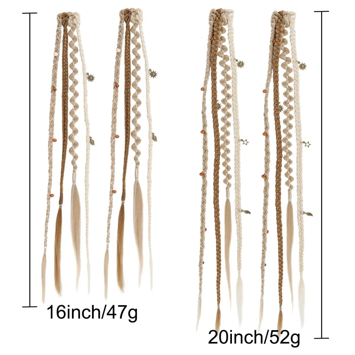 2Pcs Clip in Braided Hair Extensions for Women 16/20 Inch Handmade Synthetic Boho Clip in Braid Hairpieces with Beads & Charms