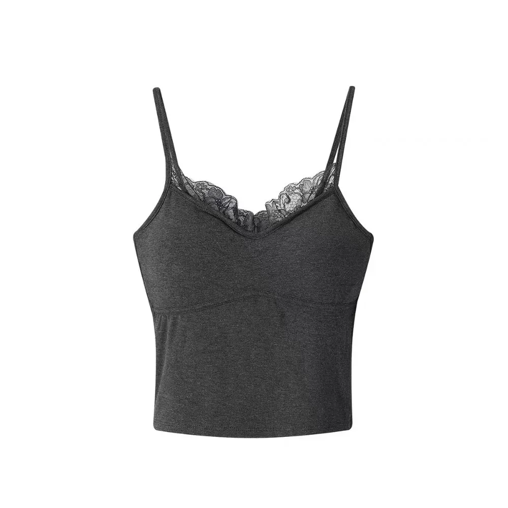 Autumn/Winter Fitted Lace-trimmed Camisole V-Neck Comfortable Slim Fit Camisole Top Soft with Padded Bra Women's Top