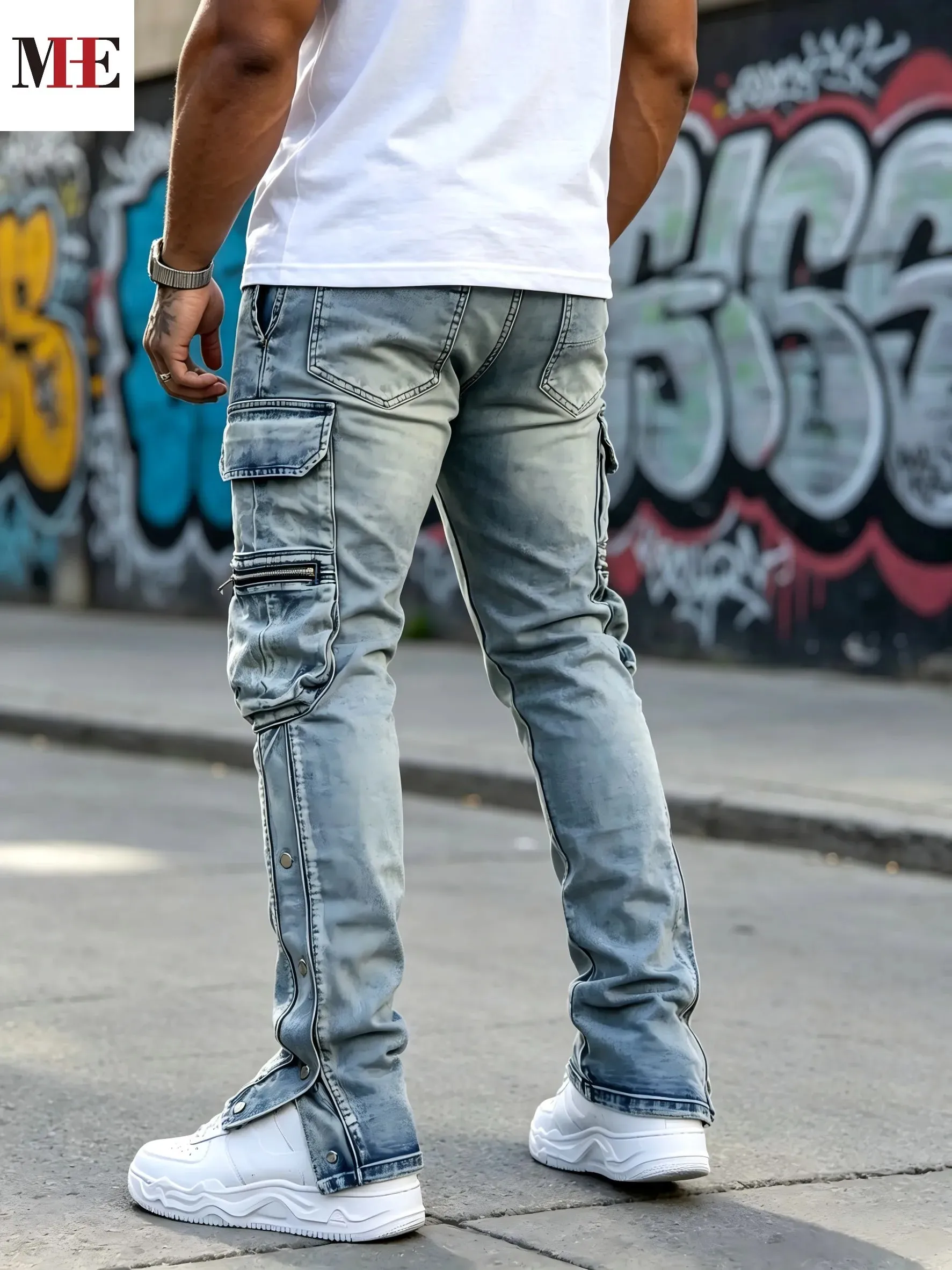 HME Men's Flared Denim Pants Light Blue Vintage Jeans with Rips & Zipper Hem for Casual Style