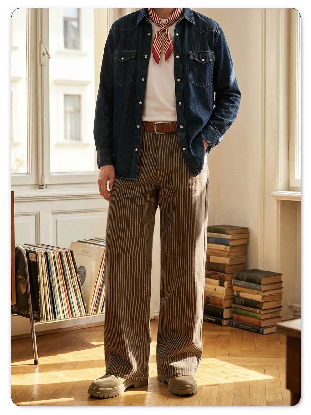 Japanese Korean Vertical Striped Jacquard Wide-leg Jeans British Retro Striped Business Casual Baggy-Fitting Denim Pants