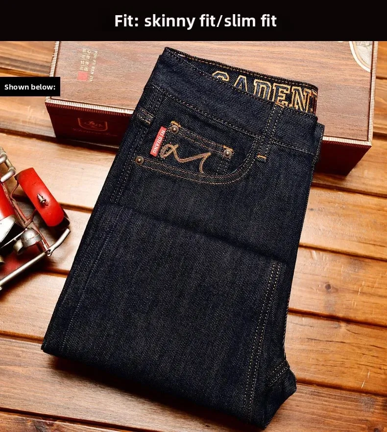 Deep blue jeans men's 2025 autumn fashion stretch slim fit fit Japanese style street trend embroidered small leg pants