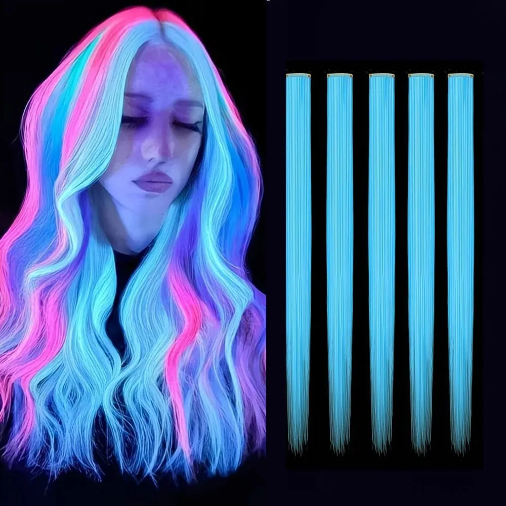Glow in the Dark Hair Extensions Luminous Colored Hairpieces Colorful Hair Clips Synthetic Neon Fake Hair Clips Hair Accessories