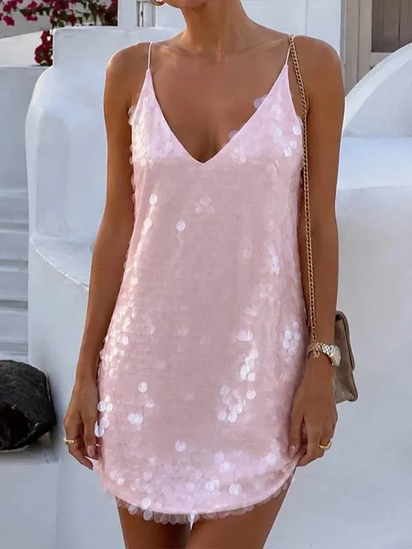 Sequined V-neck Slip Short Dress Women Sexy Spaghetti Strap Sleeveless Backless Shining Slim Dresses Charming Lady Partywear New