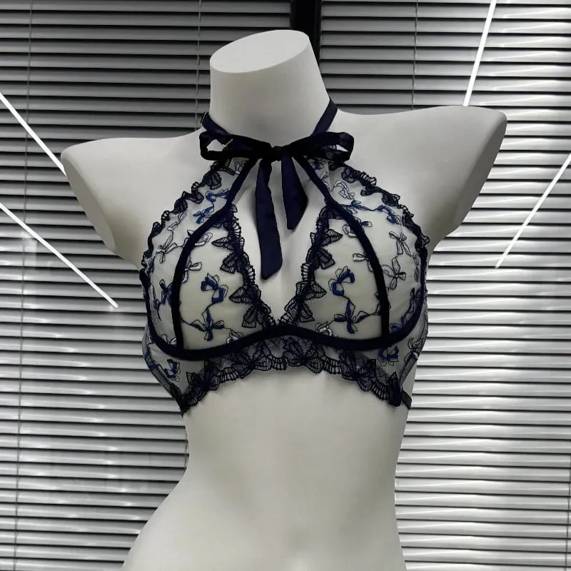 Women's Embroidered Ribbon Bow Bralette & Panty Set Butterfly Mambo Pure Desire Wireless Comfort Bra for Daily Wear MOYISU Sexy