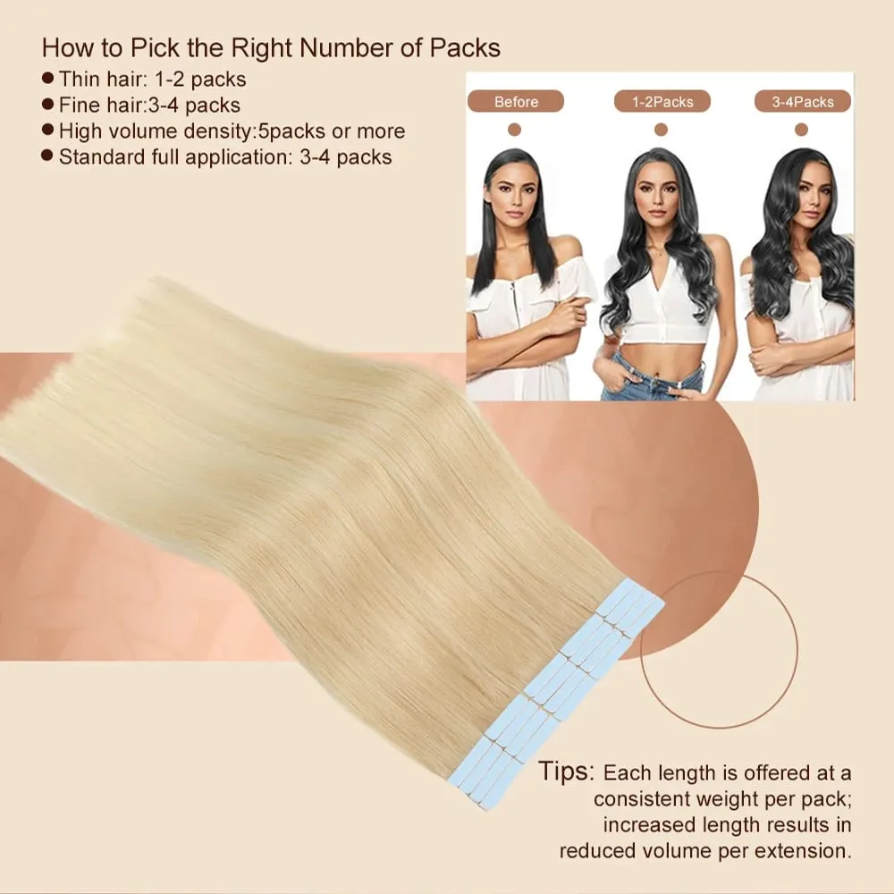 Cinta rubia en extensiones de cabello Cabello humano Platino #60 Cinta de trama de piel recta sin costuras en extensiones de cabello humano real 50G