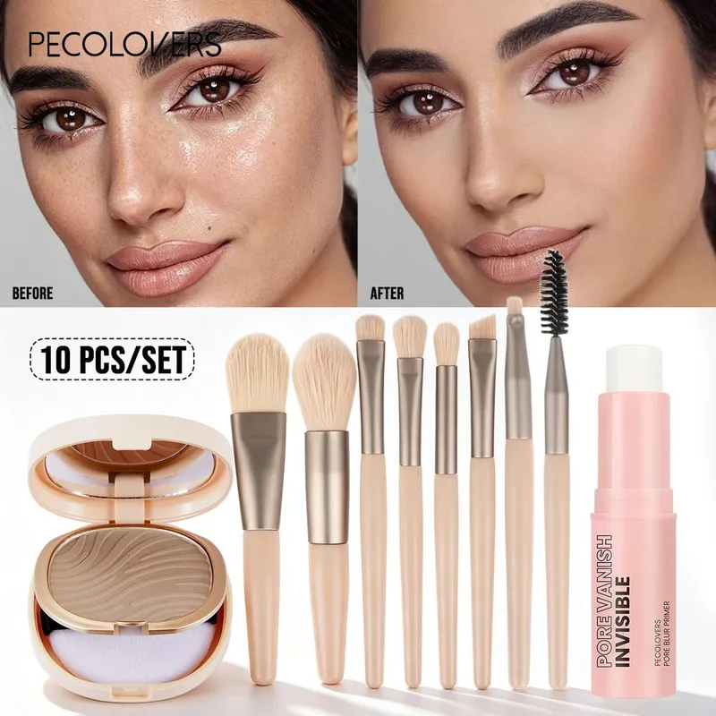 10pcs Kit Solek Asas Semua-Dalam-Satu Liang Meminimumkan Liang Primer Stick Bedak Tetapan Matte Dan Set Berus Mekap Profesional 8pcs