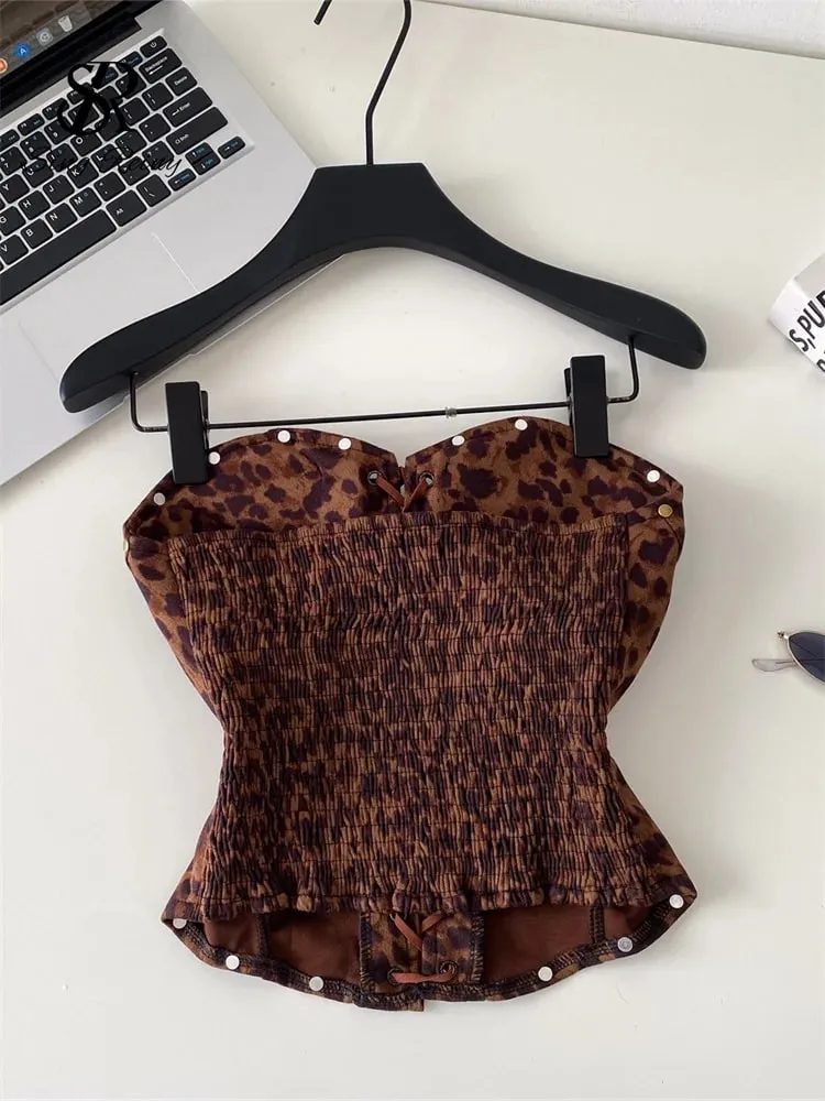 Sexy Leopard Paisley Print Top Spicy Girl Lace Up Stretch Bodycon Strapless Tank Top Ladies Hotsweet Clubwear Camisole