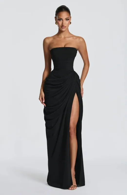Sexy Solid Pleated Strapless Dress Lady Chic Off-shoulder Backless High Waist Split Dresses Babae 2026 Bagong Evening Party Gown