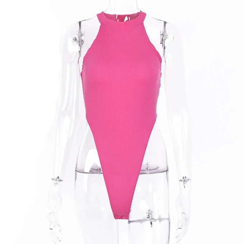 Women Ladies Sexy Sleeveless Solid Color High Cut Slim Skinny Bodycon Club Beach Fashion Halter Bodysuits Leotard Tops Rompers