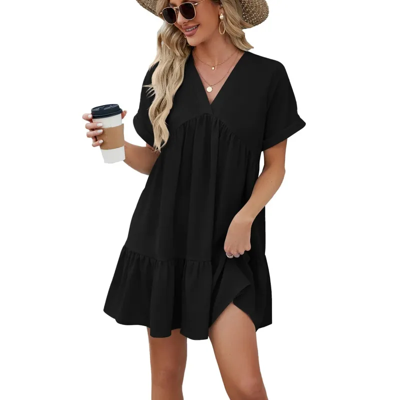 Summer White Dress V Neck Short Sleeve Loose Fit Dresses Pleated Midi A Line Pastel Pink Women's Casual Summer Woman Clothing