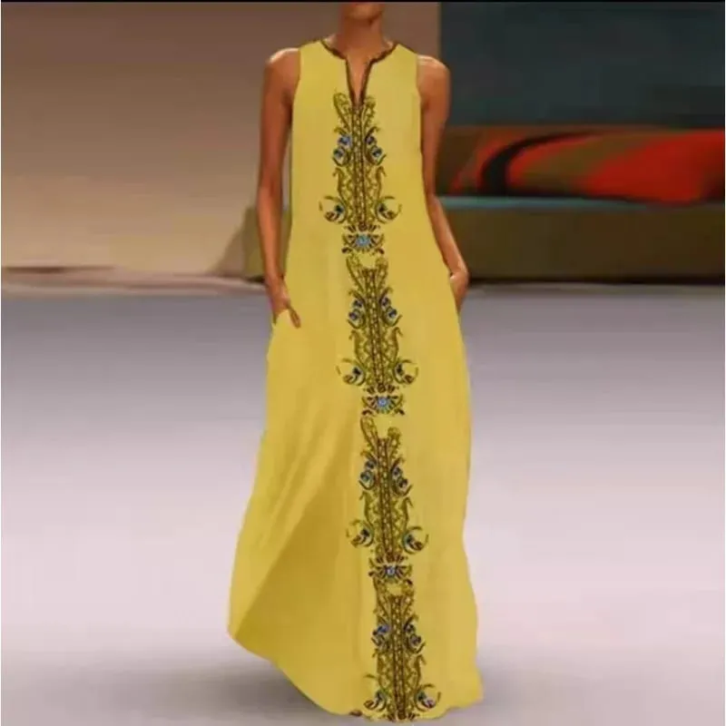 Women Dresses 2026 New summer wear sleeveless long dress V-neck printed emerald flower dress women's clothing vestidoes