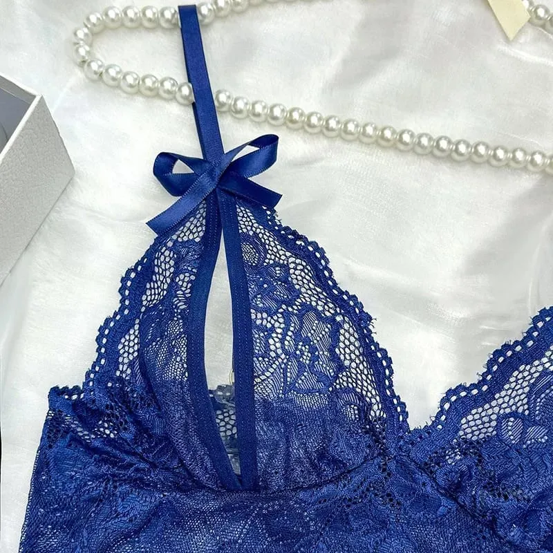 Sensual Lingerie Transparent Lace Bra Kits Crotchless Female Underwear Set Dark Blue Hollow Exotic Sets Tempation Intimate Goods
