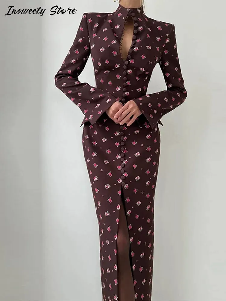 Elegant Printed Split Maxi Dresses Women's Slim With Shoulder Pad Single Breasted Full Sleeves Dress 2026 Summer New Lady Robes
