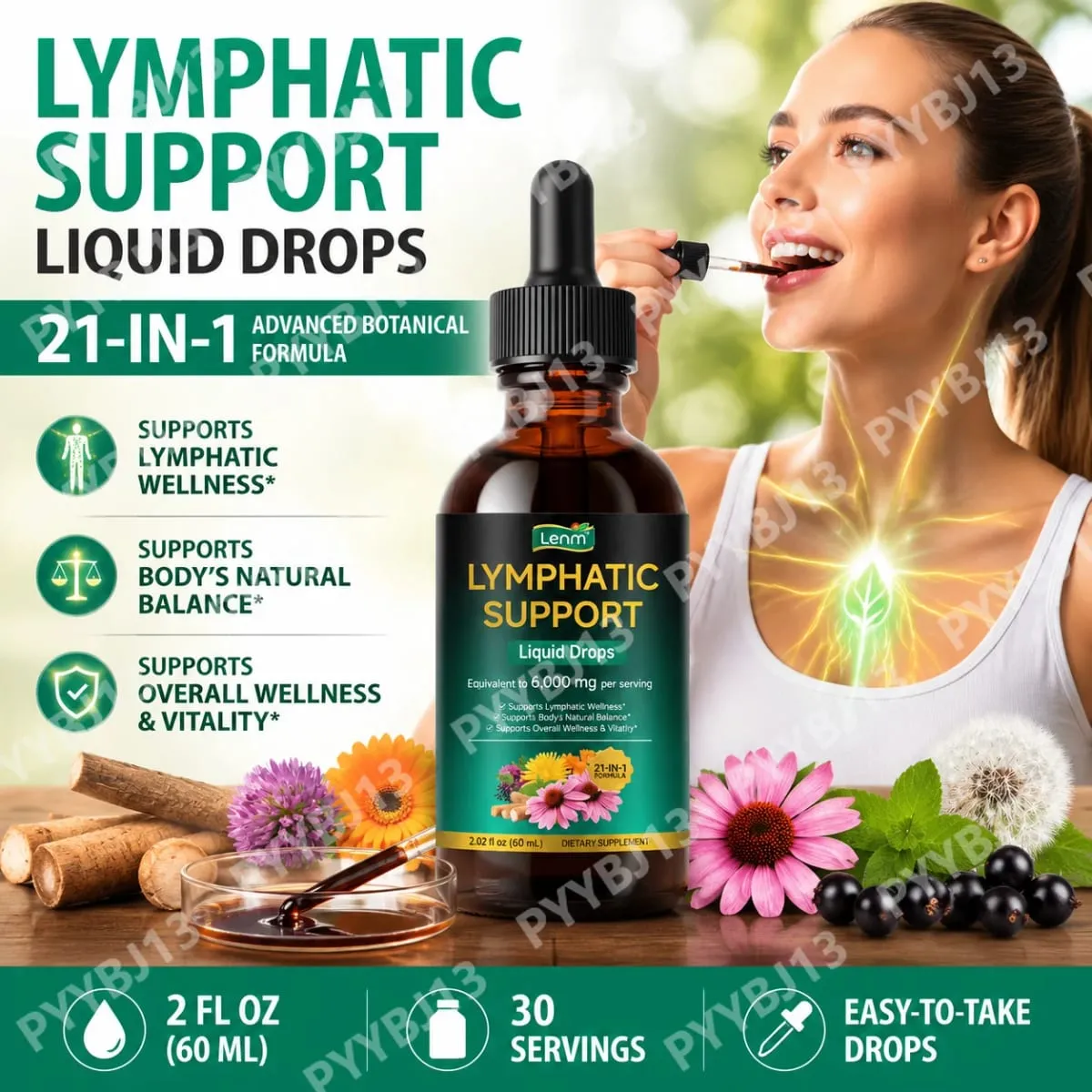 Lenm 60ml Lymphatic System Cleanse Immune Support Liquid Supplements Natural Organic Lymphatic Herbal Drops for BalanceSupport