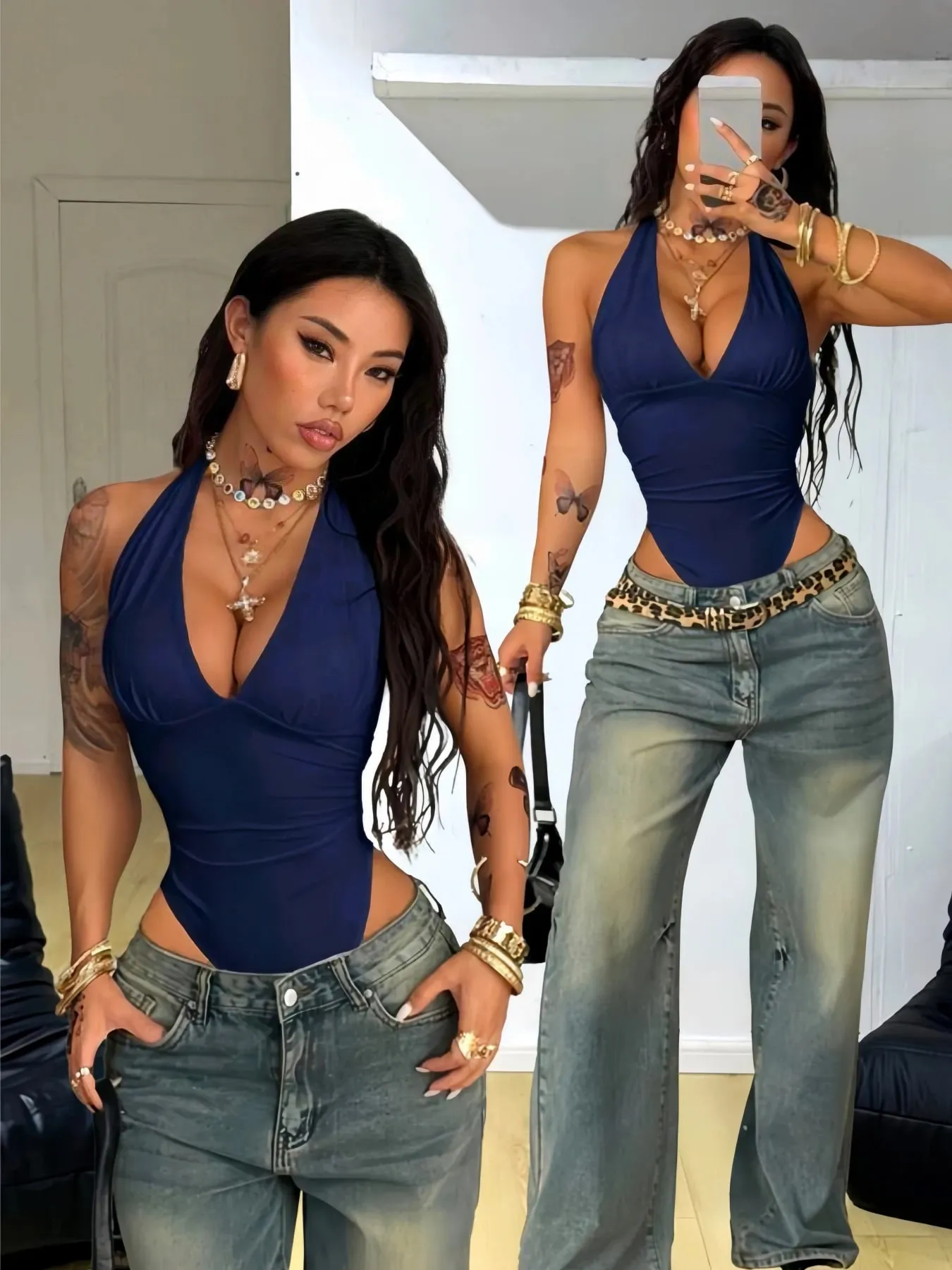 Women Halter Deep V Neck Ruched Slim Fit Sleeveless Bodysuit 2026 Summer Y2K Solid White Going Out Streetwear Jumpsuit Top