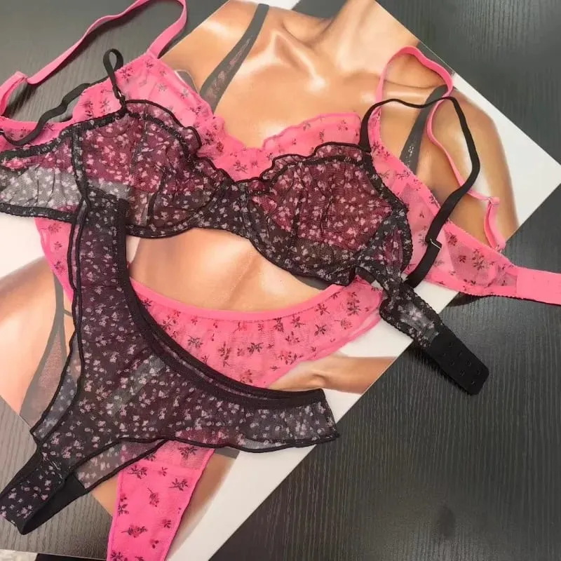 Women Floral Print Lace Lingerie Set French Ultra Thin Breathable Soft Bralette Intimate Underwear