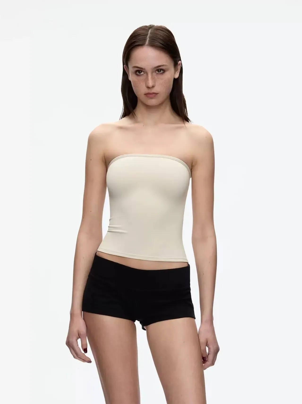 Tank Celadon Green & Coffee Brown Bandeau Crop Top Minimalist Y2K High-Stretch Top