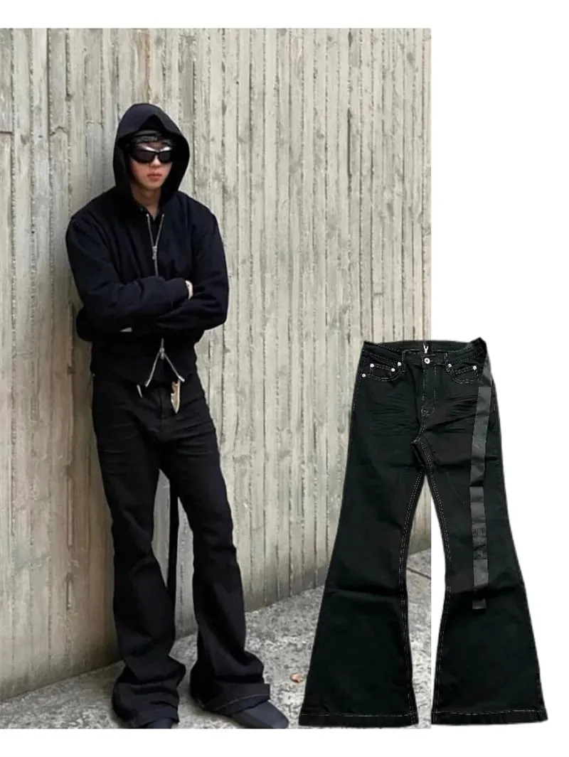 High Street RO Style Denim Pants Men's 24SS Basic Elastic Black Ribbon Loose Flared Streetwear Casual Jeans Pants Men Clothing