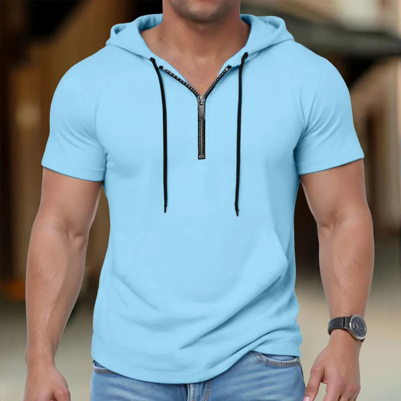 Hoodies casuais de manga curta masculina moda esportes metade zip cordão moletom mostrar mais forte solto respirável fitness hoodies — image 6