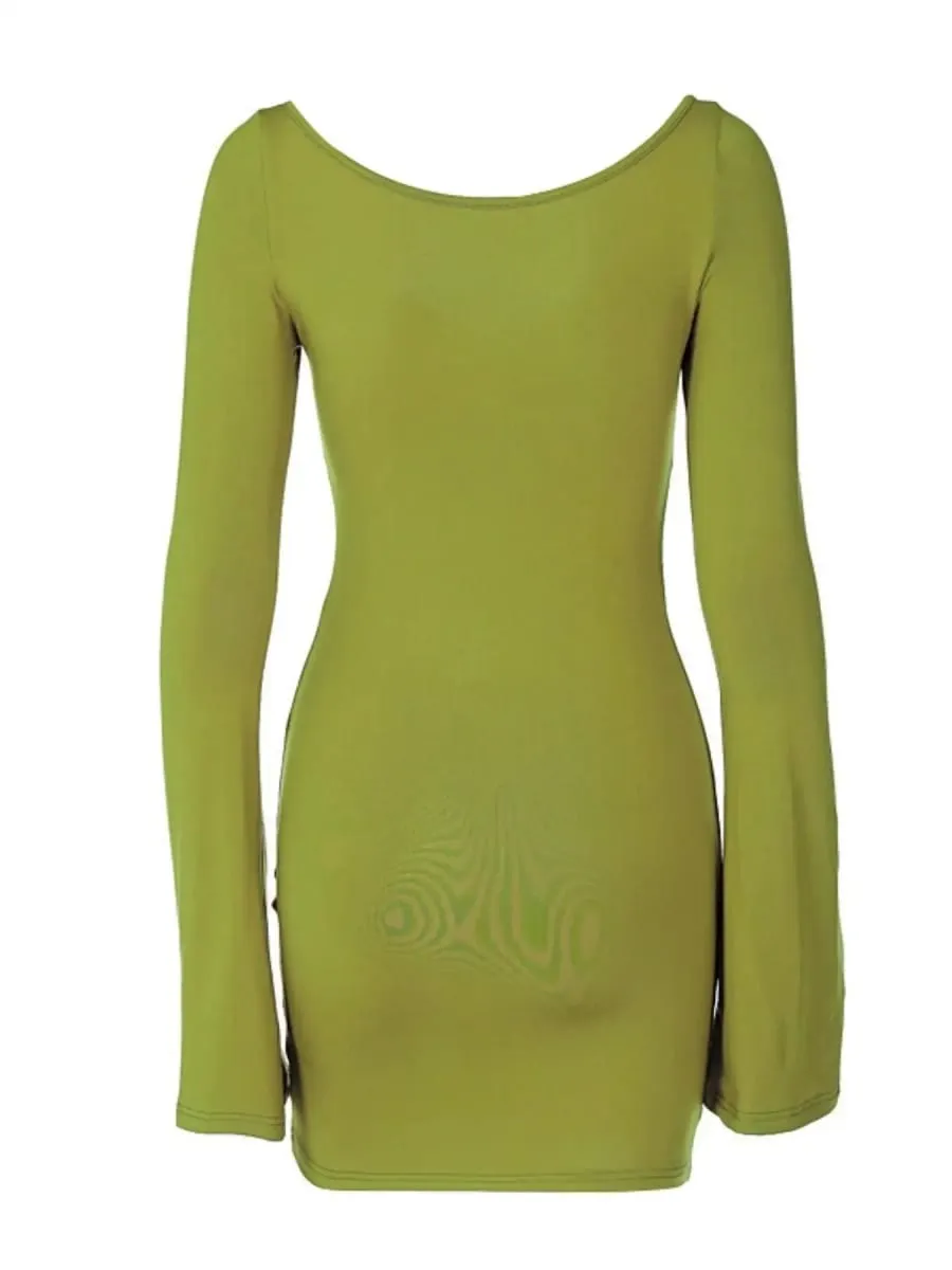 Women's Long Sleeve Ruched Bodycon Dresses Bell Sleeve Sexy Square Neck LowCut Cocktail Club Party Mini Short Dress
