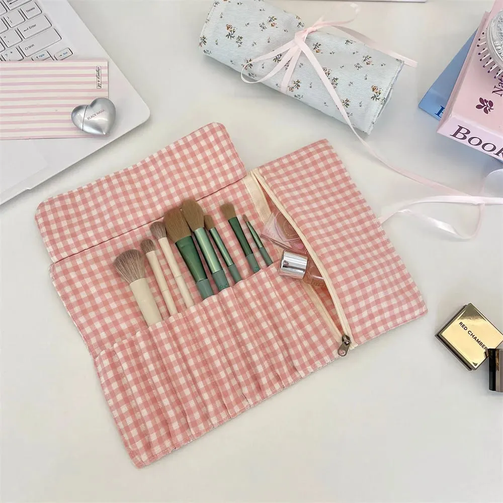 Fabric Floral Makeup Brush Storage Bag Large Portable Cosmetic Pouch for Eyeshadow Brushes & Eyebrow Pencils Desktop Organizer