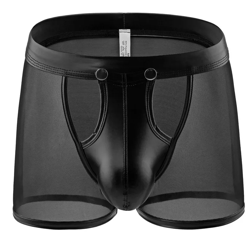Herren Boxershorts Transparent Mesh Unterwäsche Mann Höschen Kunstleder Abnehmbare Schnalle Beutel Unterhose Cueca Calzoncillo