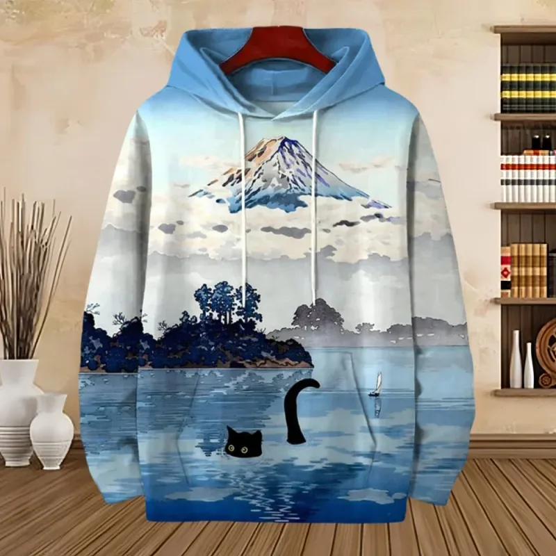 Fuji Mountain Lake Scenery Black Cat Graphic Hoodie Men Pullover Hooded Sweatshirt