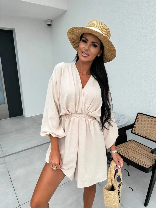 Casual Loose Women'S Dress 2024 Fashion Solid V Collar Puff Sleeve Mini Dresses Elegant Female Sexy Dress