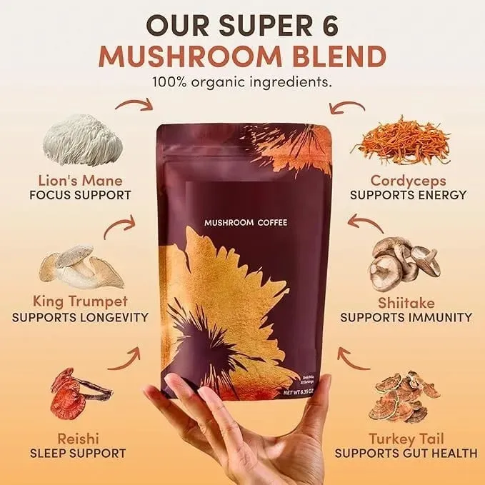 Organic Mushroom Coffee with 6 Types Adaptogenic Mushrooms MCT Oil Daily Brewing Use Smooth Flavor Beverage health support