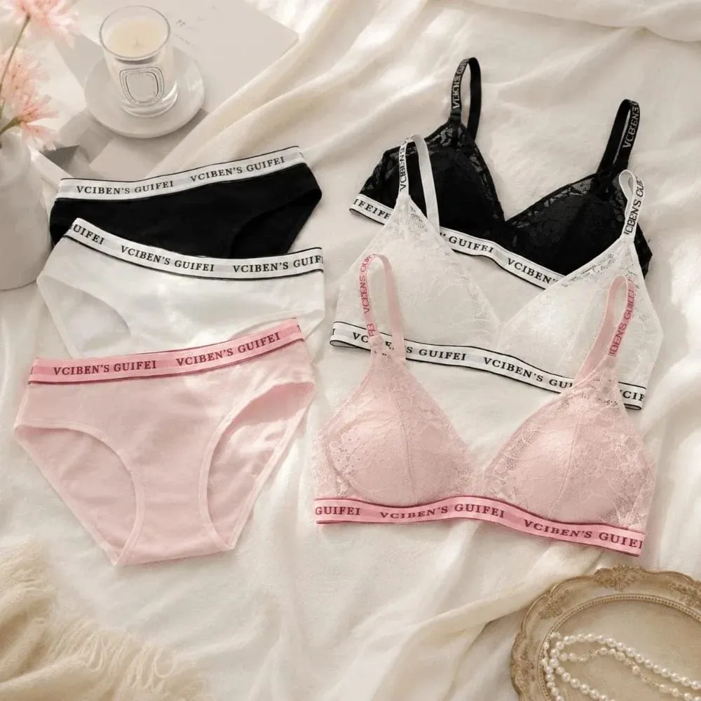 Bra Suit Letter Design Lingerie Set Deep V Wireless Women Underwear Suit Lace Color Blocking Bra Panties Set Famle
