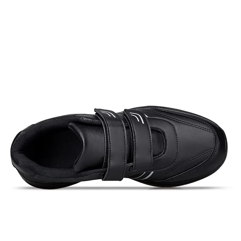 Men's Adjustable Hook And Loop Leather Sneakers Pure Black Casual Sports Shoes Big Size 47 48 Elderly Walking Shoes