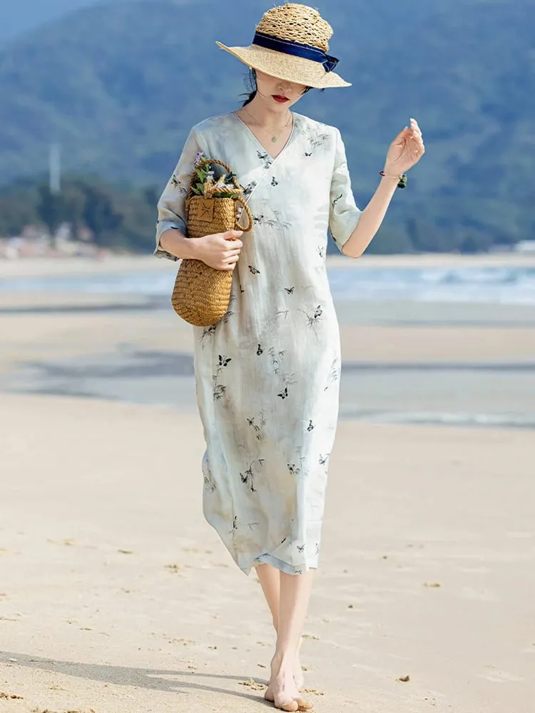 100% Ramie Women Casual Long Dress New Arrival 2026 Summer Chinese Style V-neck Print Loose Ladies Elegant Holiday Dresses M2800