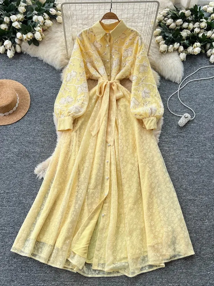 French Vintage Lace Embroidered Lapel Lantern Sleeve Dress Women Korean Slim Fit Waist Mesh Slim Long Dress — image 1