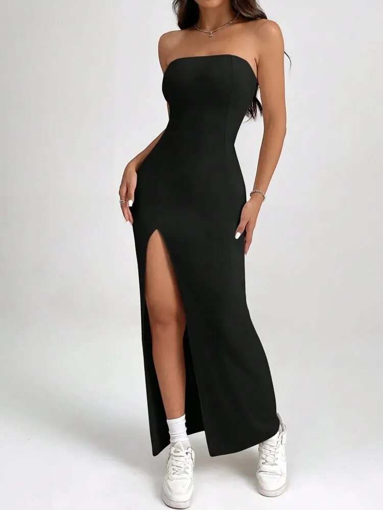 Robe mi-longue moulante sans bretelles pour femmes, haut tubulaire, fente latérale haute, couleur unie, noir, sans manches, coupe cintrée, longue robe de soirée