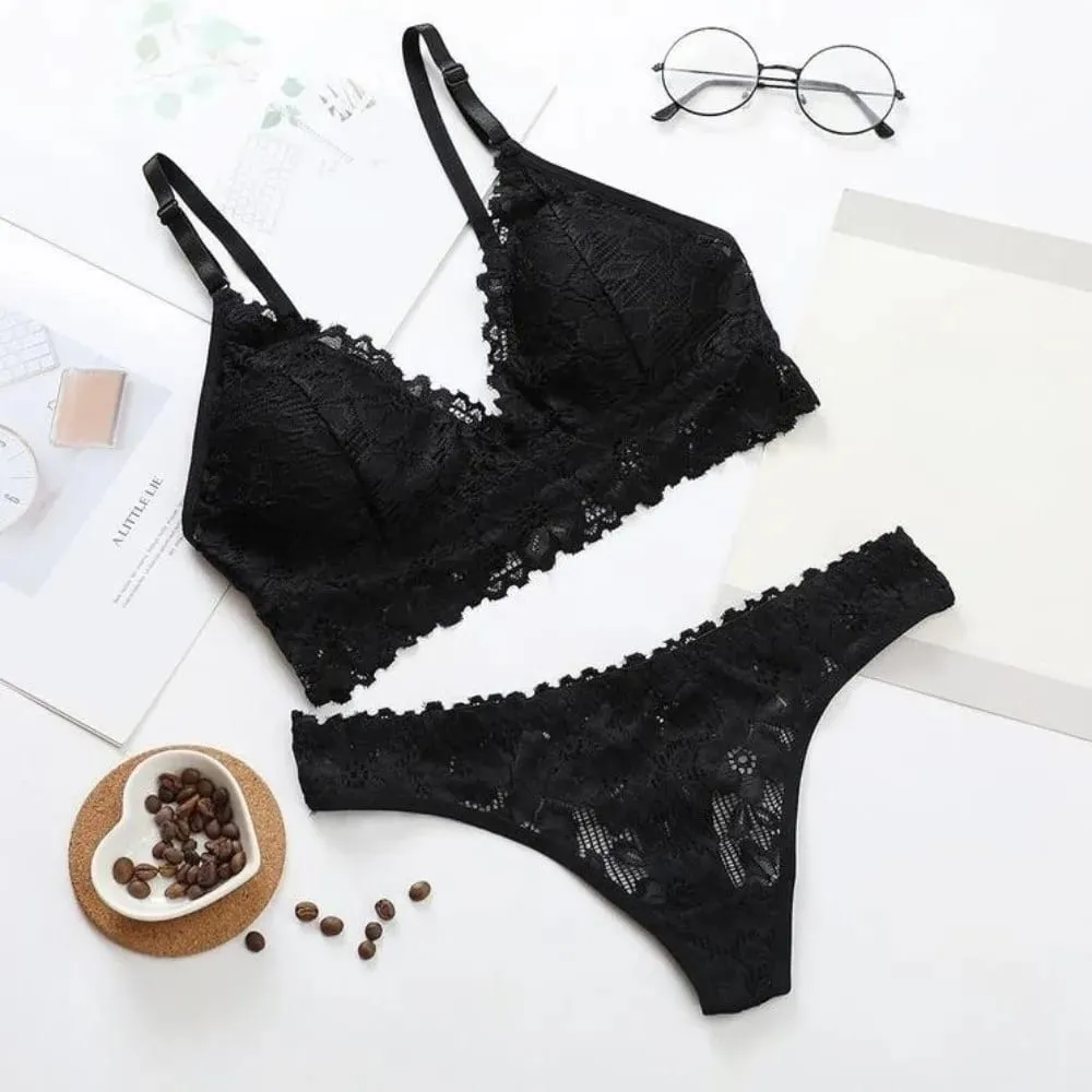 Underpants V Neck Lace Flower Bra Set Solid Color Thong Floral Panties Bra Kit Lingerie T-Back Lace Underwear Women