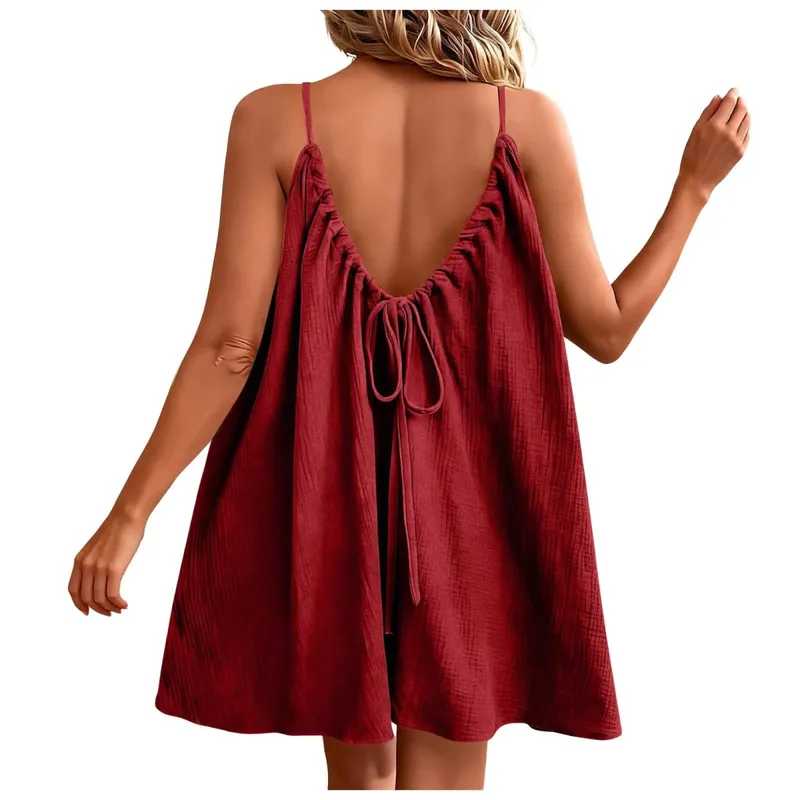 Summer Women's Cotton Linen Mini Dress 2026 New Bohemian Spaghetti Straps Dresses Backless Sundress Loose Holiday Party Robe