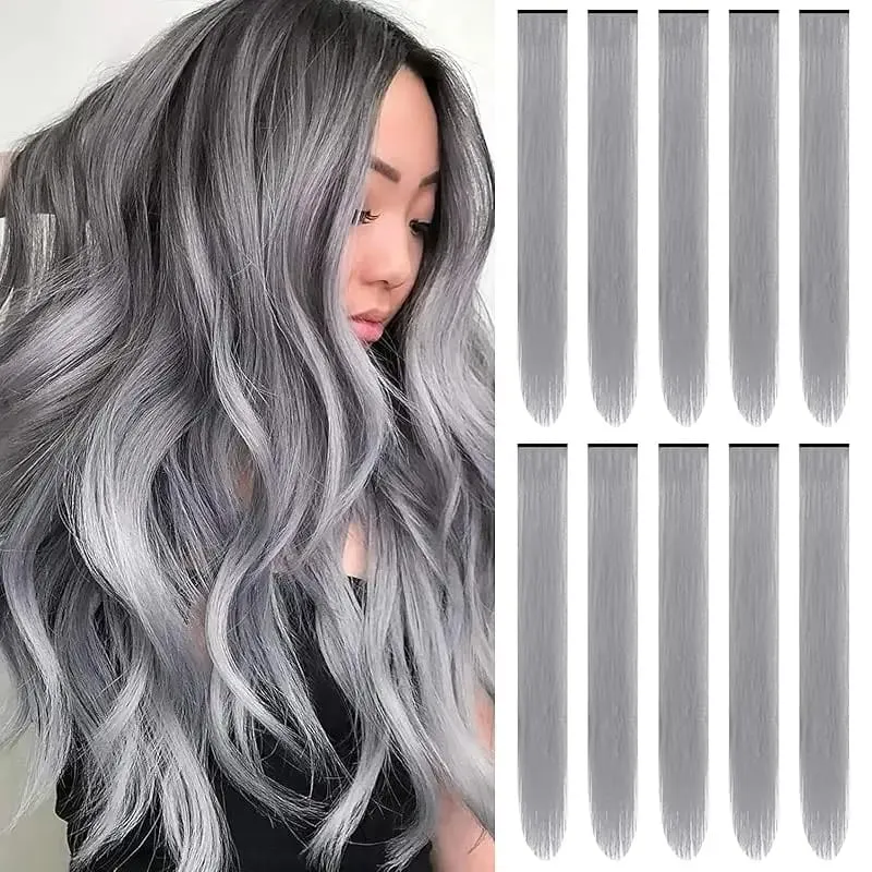 12 Pcs/lot Clip in Hair Extensions Multi-Colors Highlights Synthetic Hair 22 inch Rainbow Hairpieces for Girls Women Kids