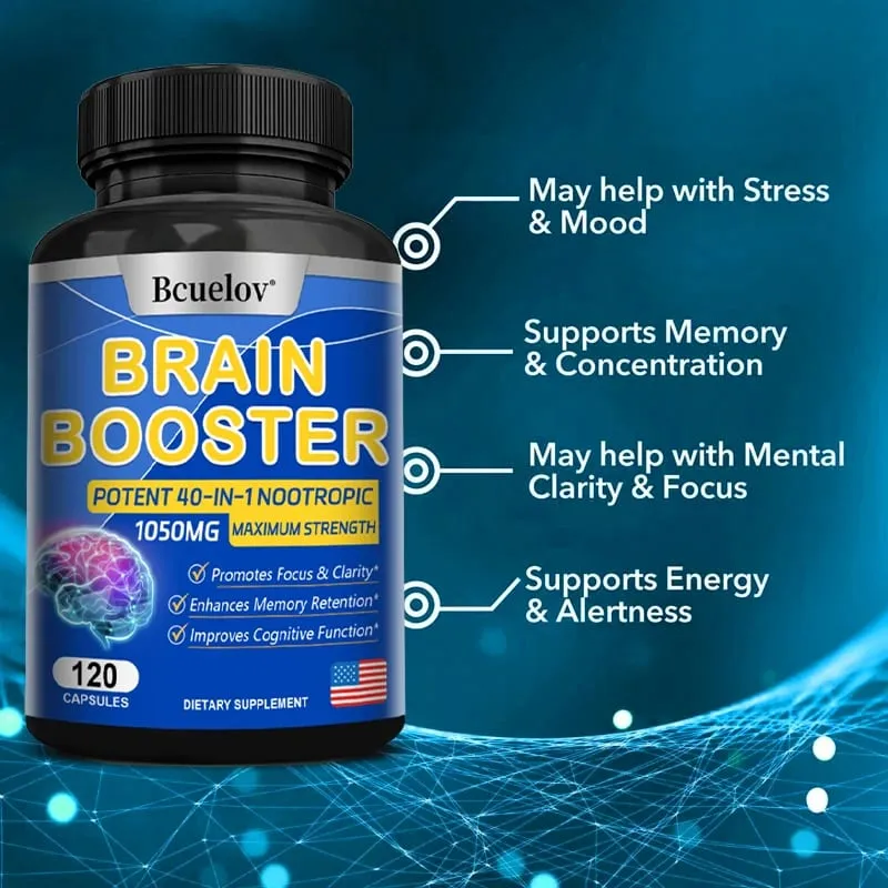 Brain Nutrition Capsules - Dietary Supplement 40-in-1 Potent Formula Vegan Non-GMO Supports Focus and Brain Health