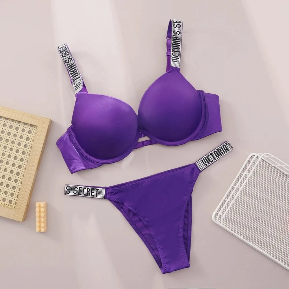 Victoria Secret Hot Sexy Lingerie Set Very Sexy Logo Shine Strap Push Up Bra With Shine Script Thong Panty