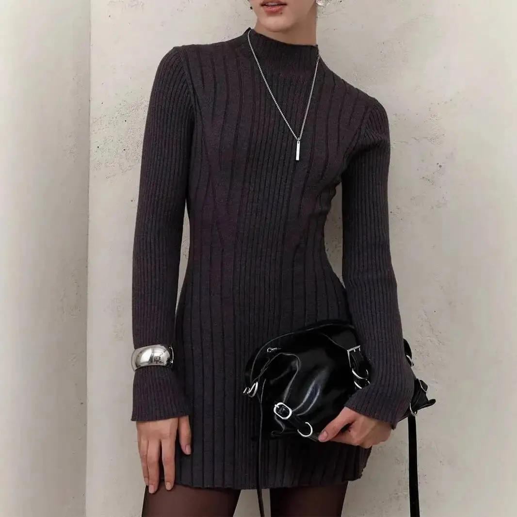Knitting Dress Women's 2026 Spring Knitted Dress Long Sleeve Semi-High Neck A Line Skirt For An Elegant And Playful Look