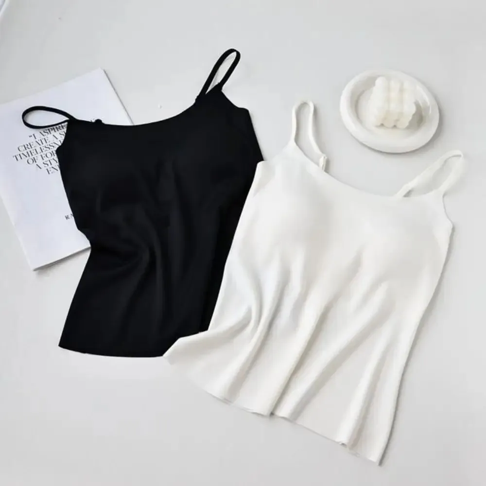 M-XL Summer Ice Silk Camisole Top With Build-in Bra Women Plus Size Long-Length Tank Tops One-Piece Slimming Tanks Bra Underwear