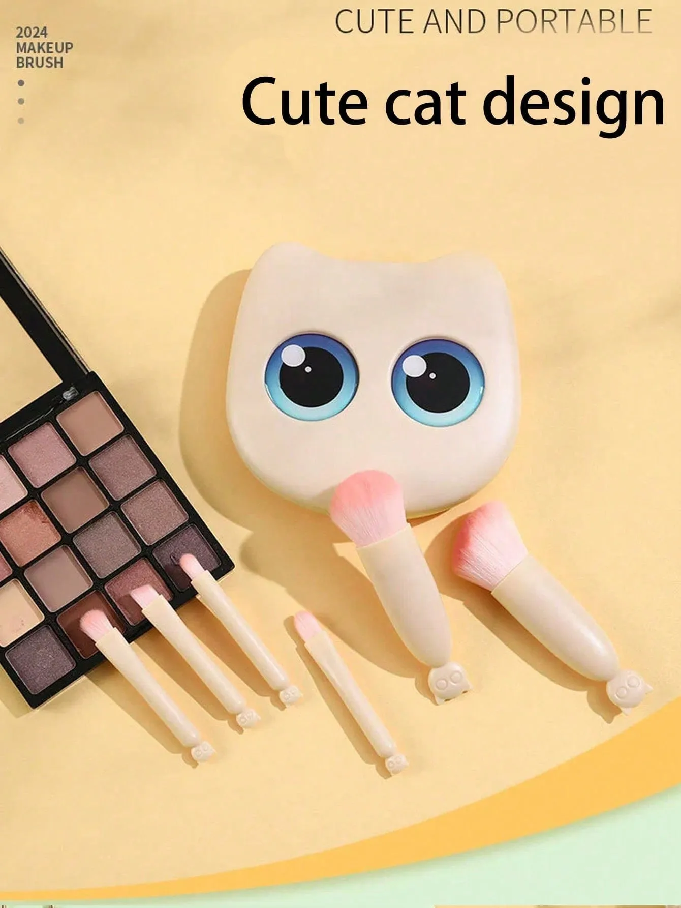1 Box 6pcs Mini Cute Cat Design Portable Makeup Brush Set - Powder Brush Eyeshadow Brush And Assorted Brushes