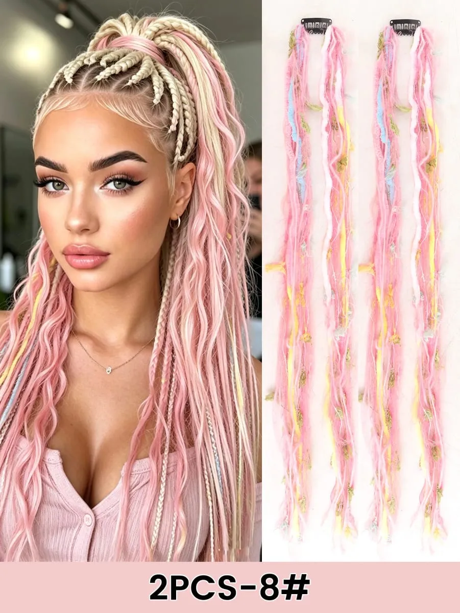 2PCS Colorful Rope Braided Hair Clip In Extensions Black Hair Dreadlock Hair Pieces Bohemian Hair Accessories For Women Daily