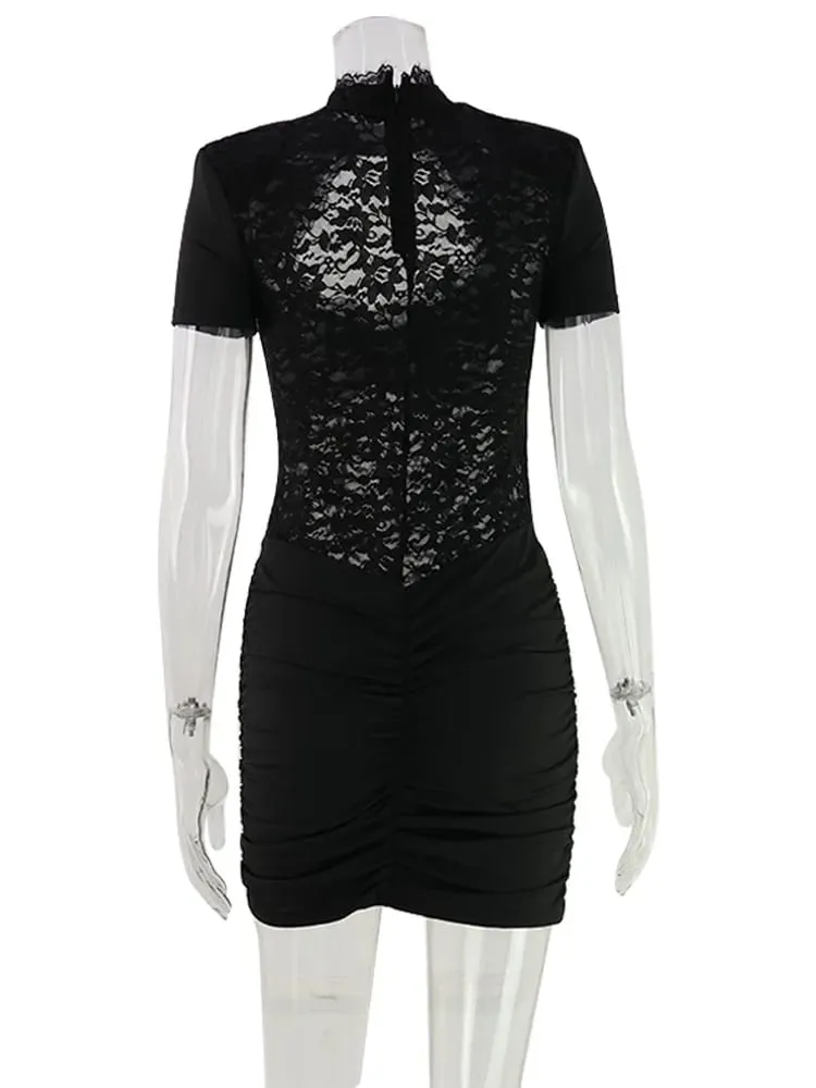 Lace Patchwork Hollow Out Women Dresses Short Sleeve Hip Wrap Sheath Trendy Hot Girl Sexy Club Outfits Pambabae Bodycon — image 6