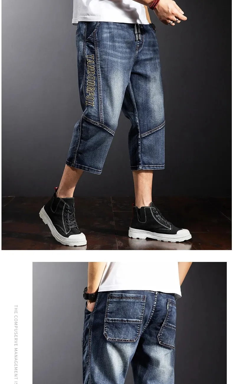 American Summer Men's Loose Denim Cropped Pants Fashionable Street Hip-hop Skateboard Workwear Ripped Jeans Plus Size Pants